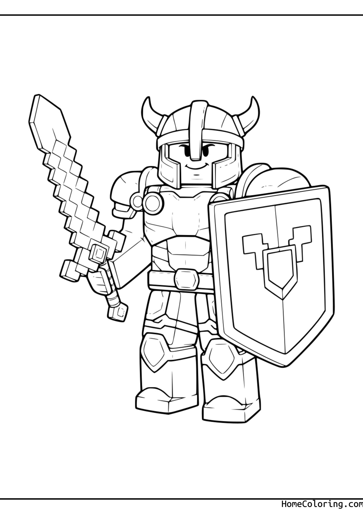 Coloring page: A Roblox knight with a winged helmet, a sword and a crest shield.