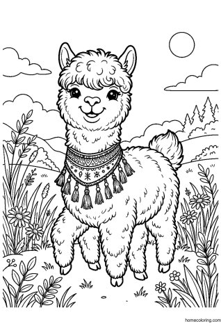 Coloring page: Alpaca with Tassel Collar.