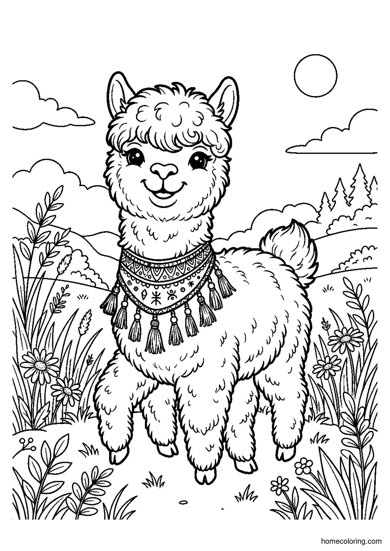Coloring page: Alpaca with Tassel Collar.