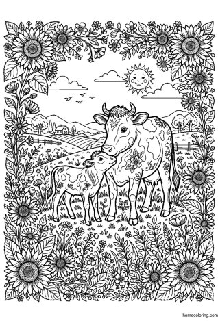 Coloring page: Cow and Calf with Sunflowers.