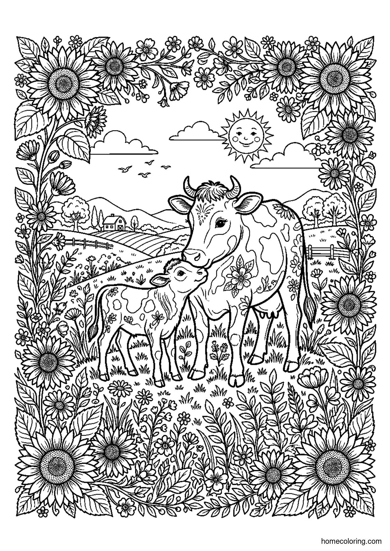 Coloring page: Cow and Calf with Sunflowers.
