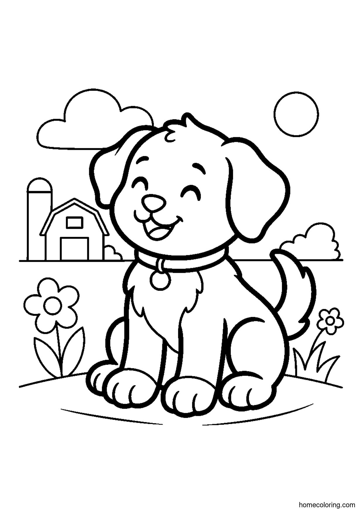 Coloring page: Cute Farm Puppy.