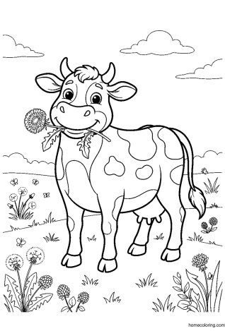 Coloring page: Dairy Cow with a Dandelion.