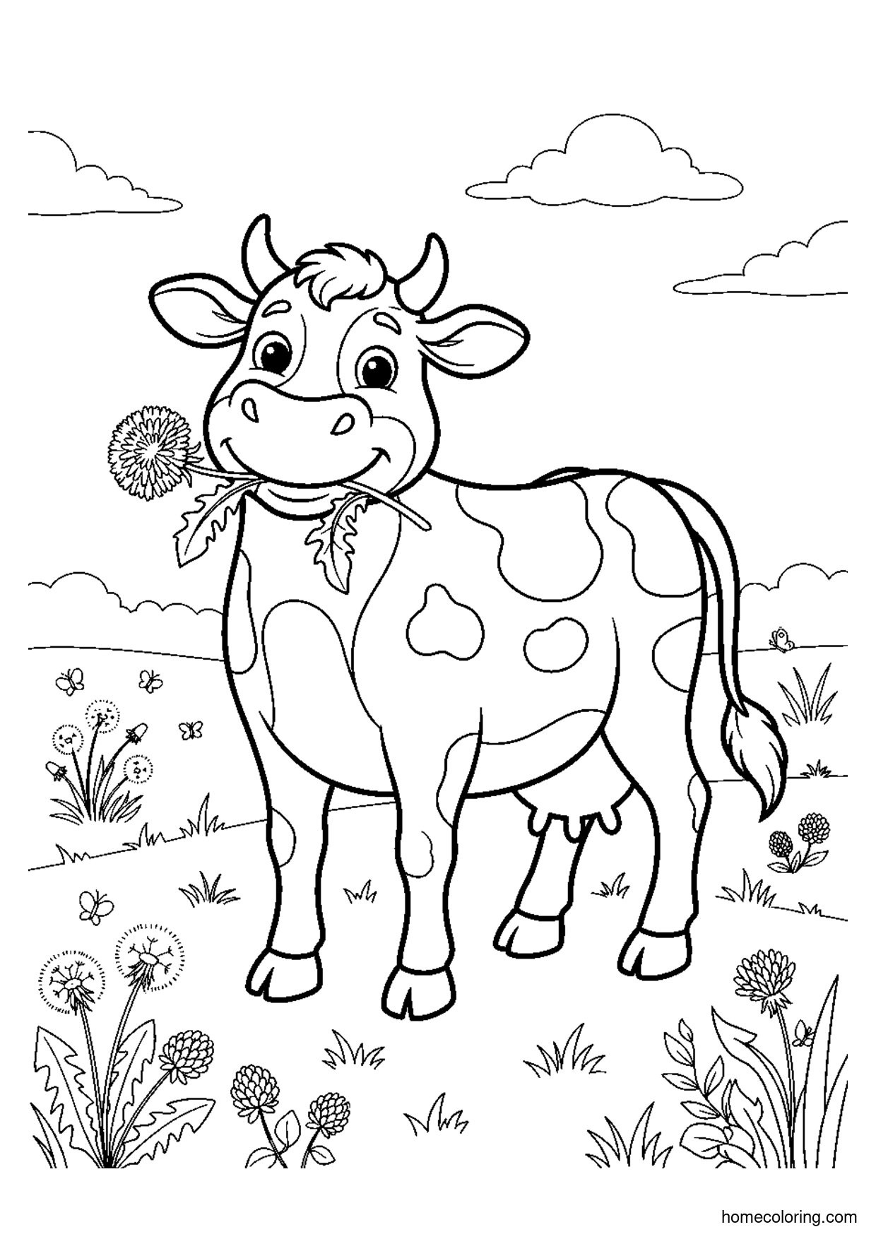 Coloring page: Dairy Cow with a Dandelion.