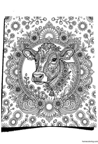 Coloring page: Dairy Cow in a Mandala Wreath.