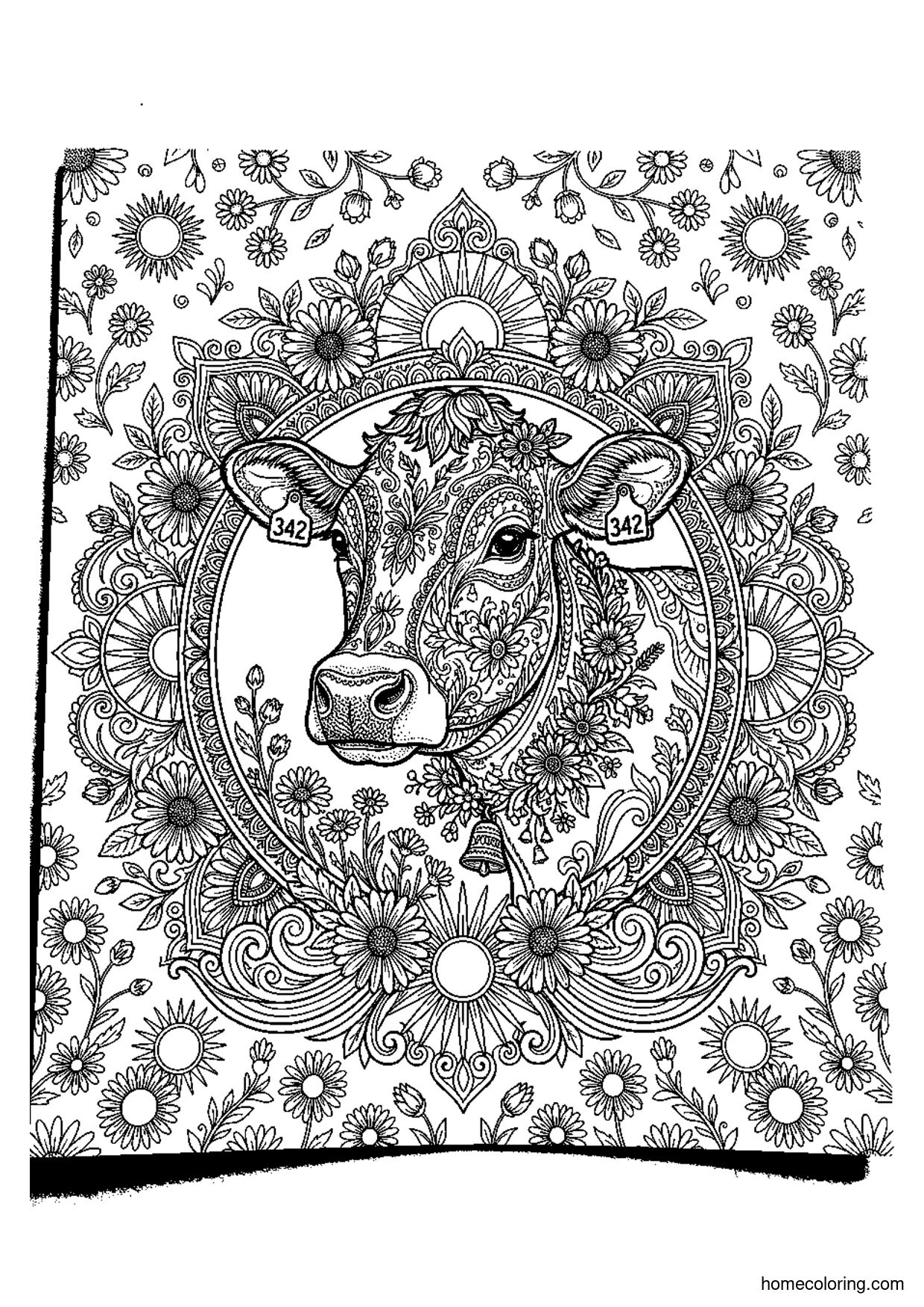 Coloring page: Dairy Cow in a Mandala Wreath.