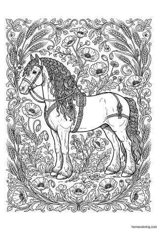 Coloring page: Draft Horse with Braided Mane.