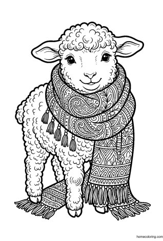 Coloring page: Fluffy Lamb with a Scarf.