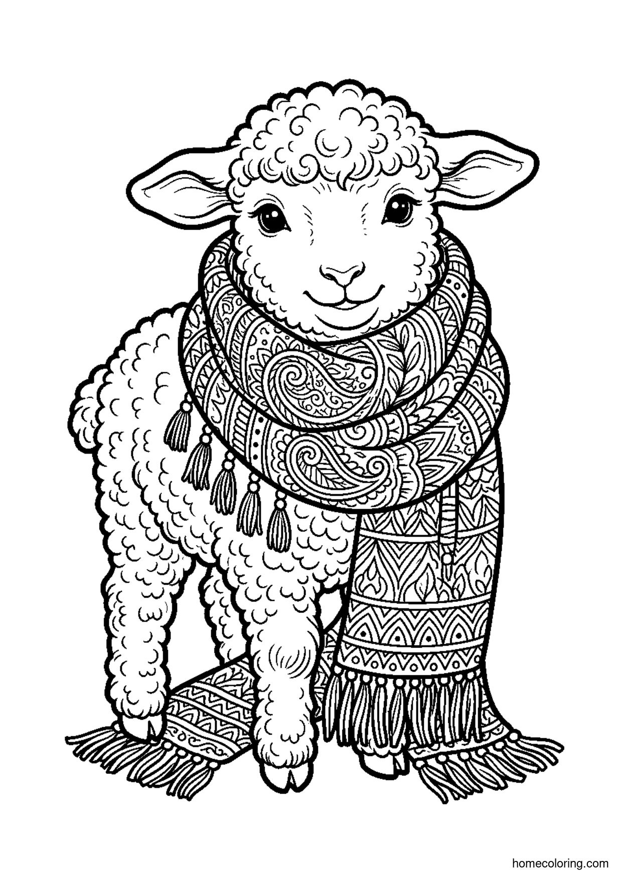 Coloring page: Fluffy Lamb with a Scarf.
