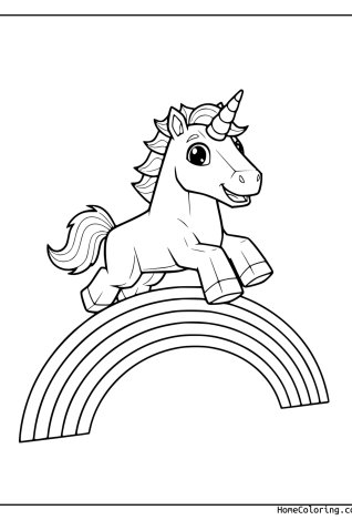 Coloring page: A Roblox unicorn leaping over a big rainbow.