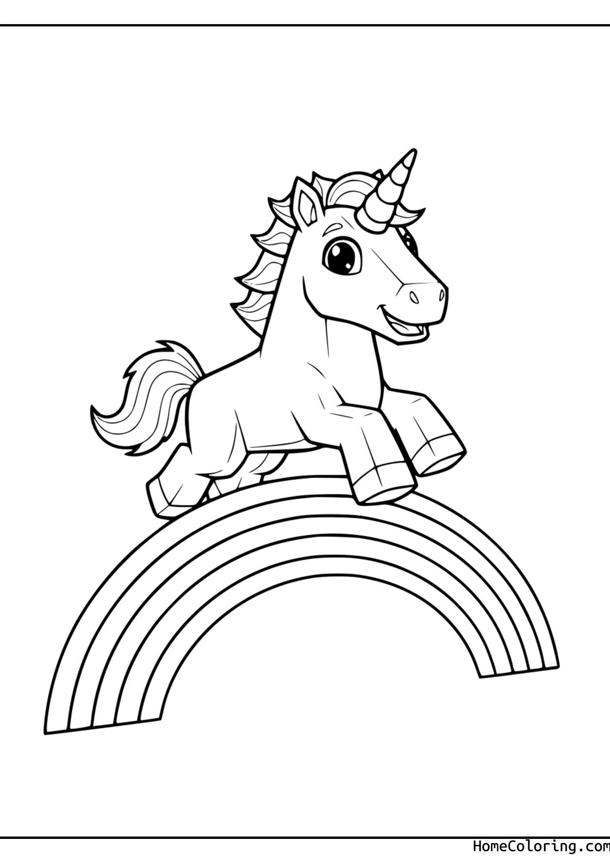 Coloring page: A Roblox unicorn leaping over a big rainbow.