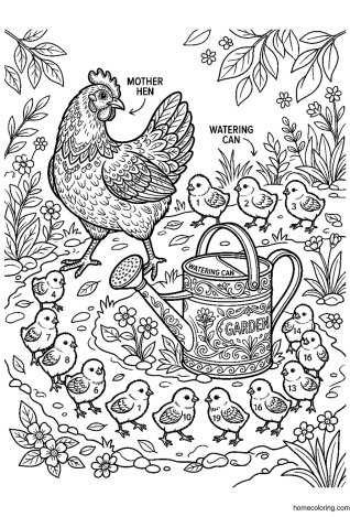 Coloring page: Hen with Chicks.
