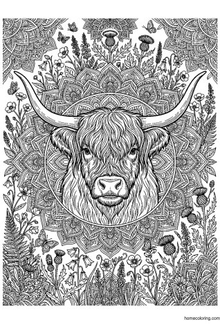 Coloring page: Highland Bull Mandala.