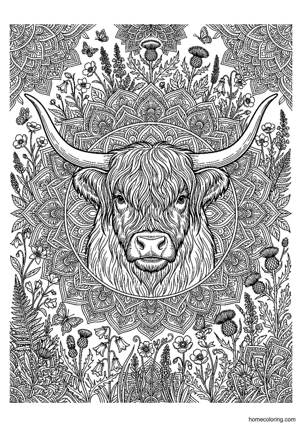 Coloring page: Highland Bull Mandala.