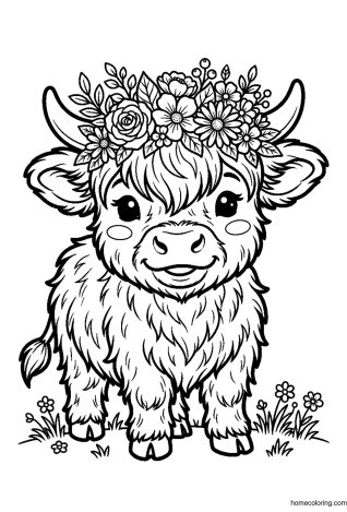 Coloring page: Highland Cow with Flower Crown.