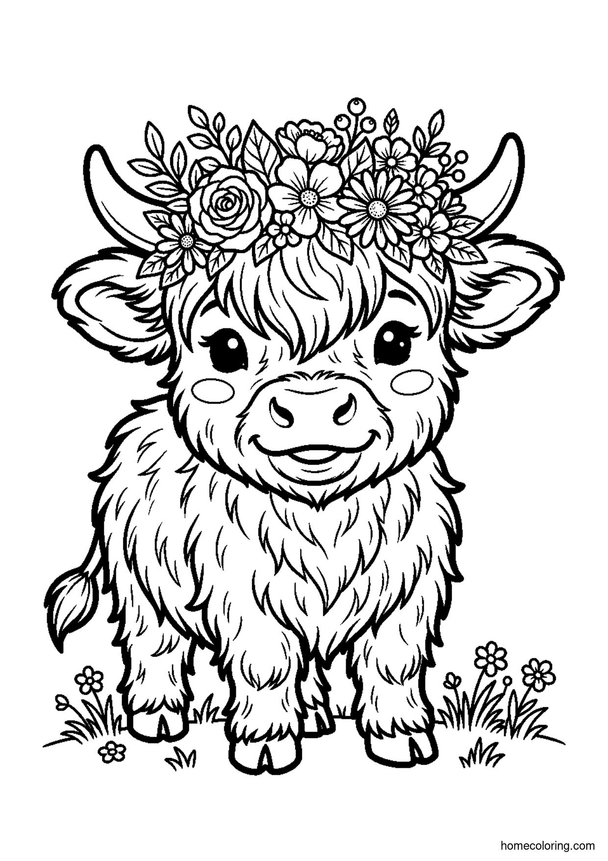 Coloring page: Highland Cow with Flower Crown.