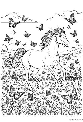Coloring page: Horse Trotting in a Meadow.