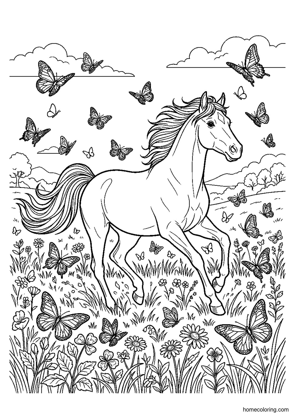 Coloring page: Horse Trotting in a Meadow.