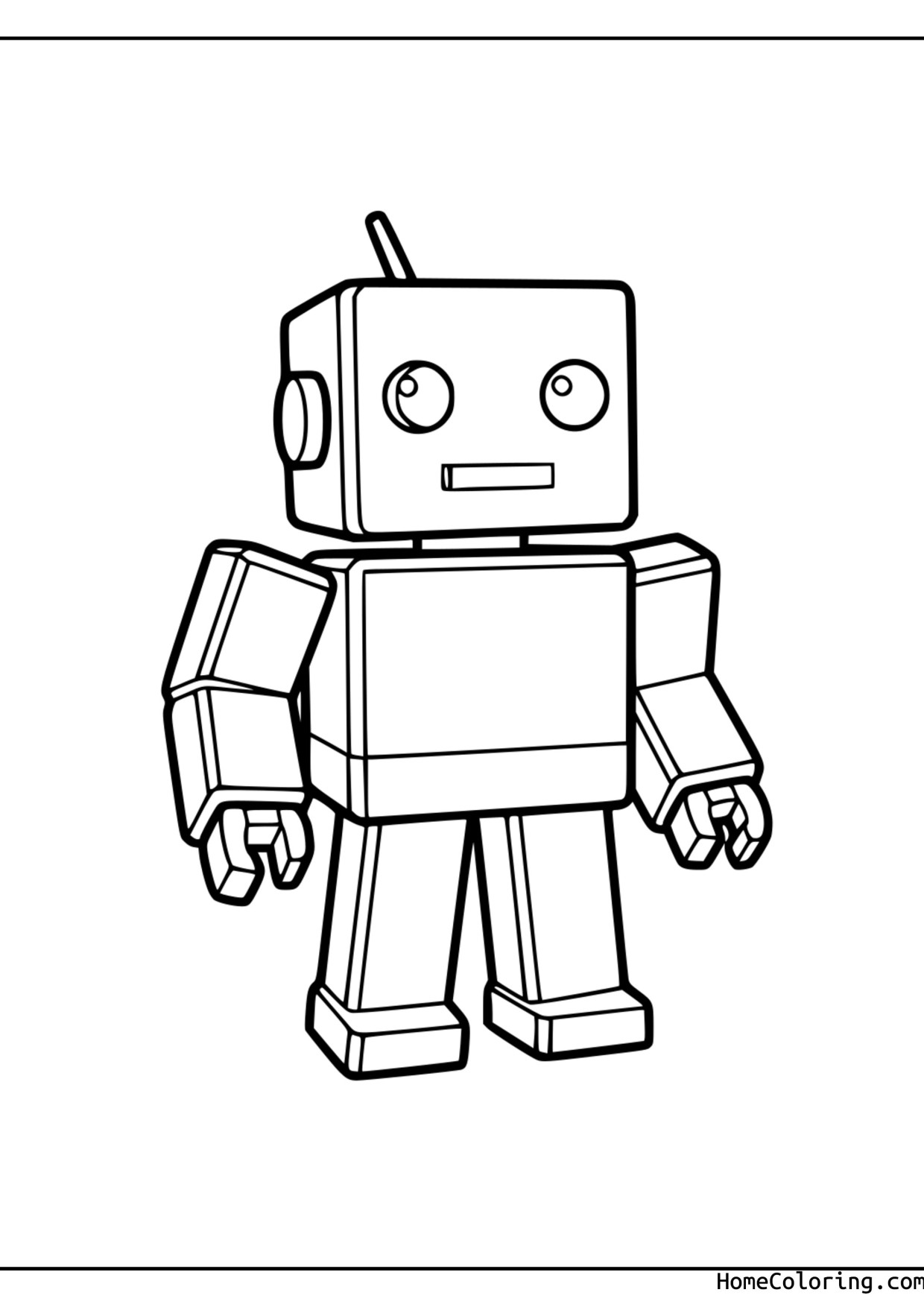 Coloring page: A blocky Roblox robot with a square head and one antenna.