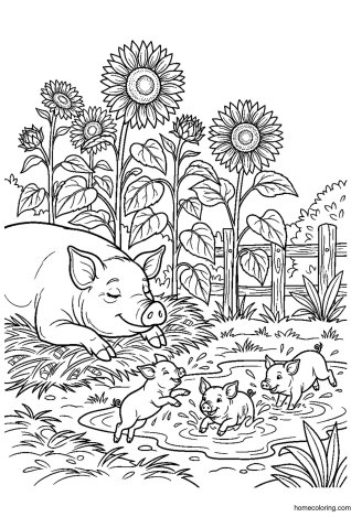 Coloring page: Mother Pig and Piglets.