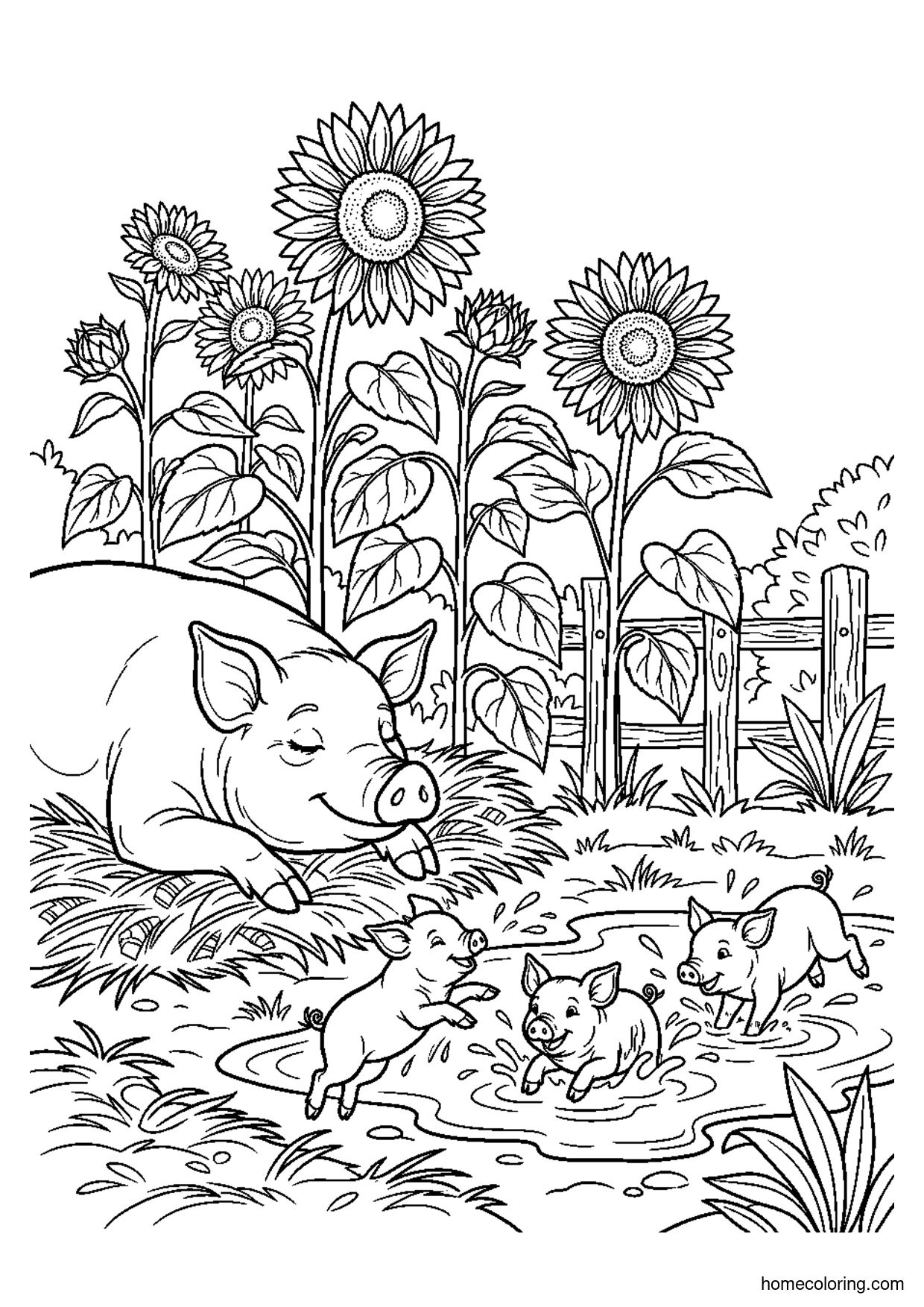 Coloring page: Mother Pig and Piglets.