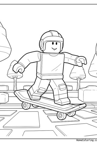 Coloring page: A Roblox character riding a skateboard through the park.