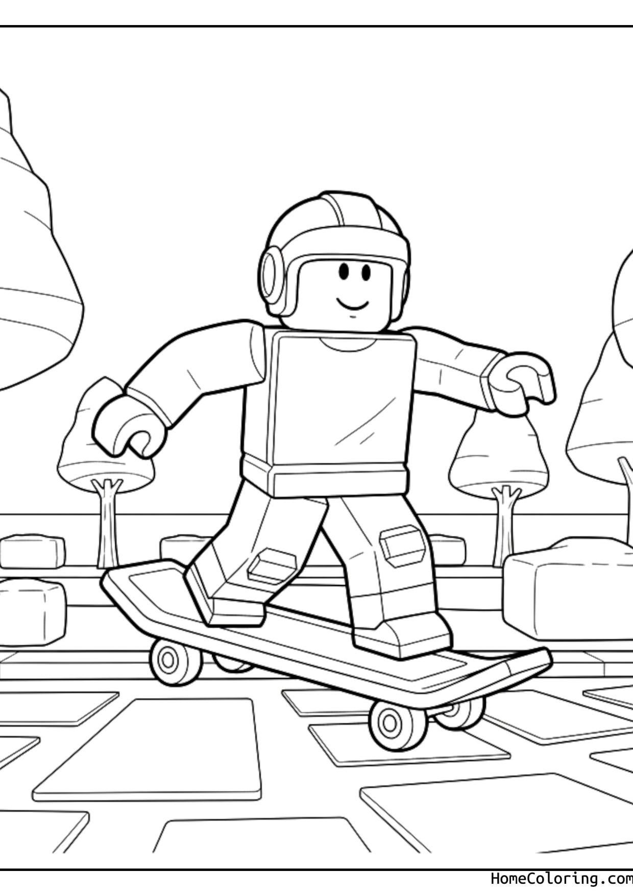 Coloring page: A Roblox character riding a skateboard through the park.