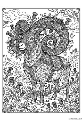 Coloring page: Ram with Mandala Horns.