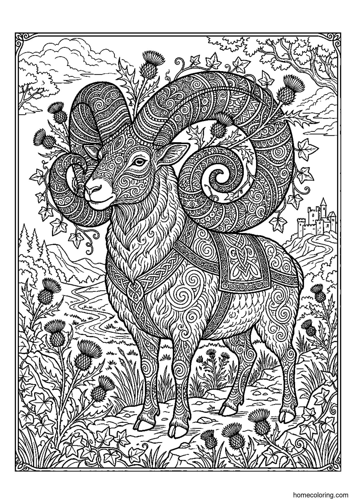 Coloring page: Ram with Mandala Horns.