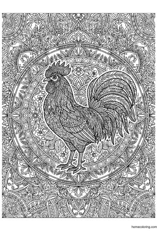 Coloring page: Rooster with Mandala Plumage.