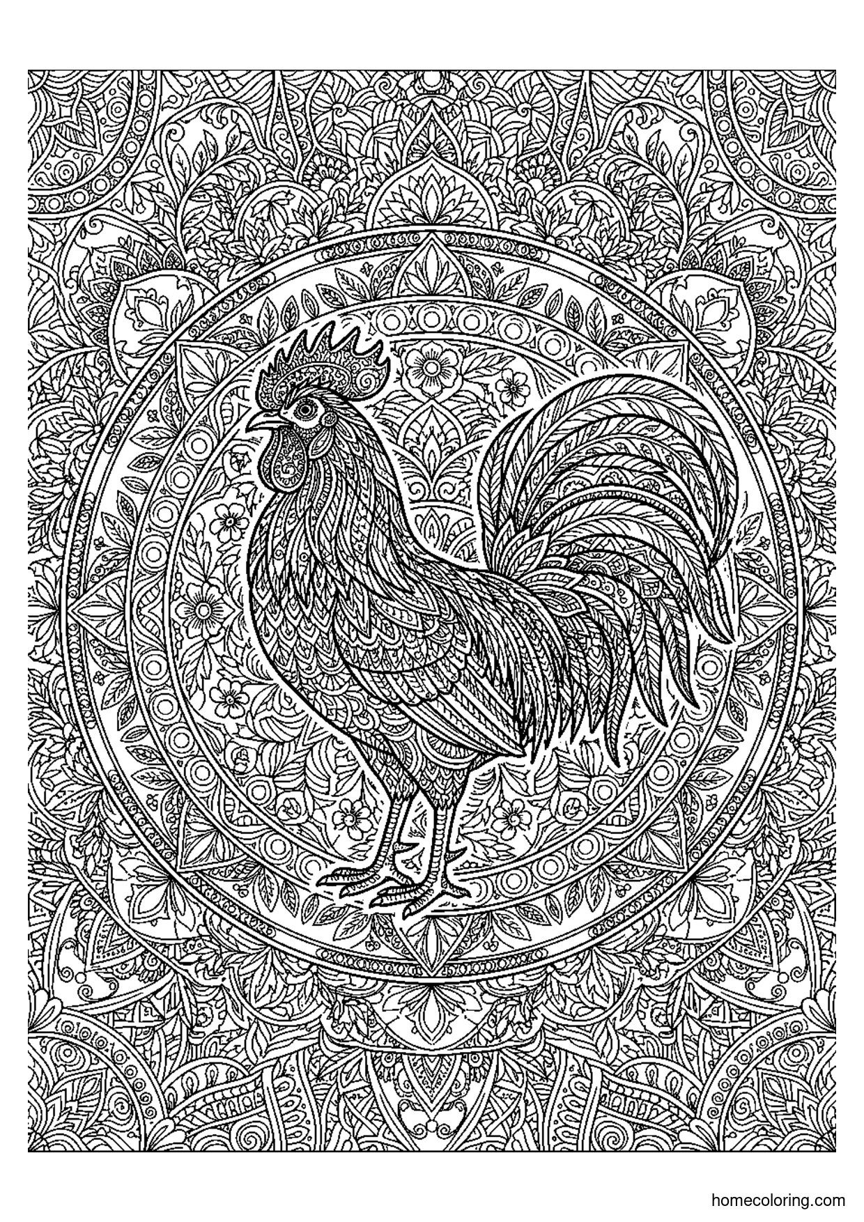 Coloring page: Rooster with Mandala Plumage.