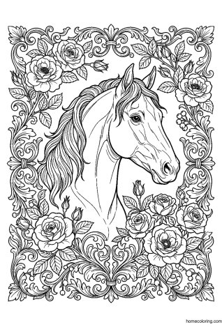 Coloring page: Stallion with Botanical Border.