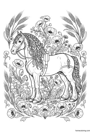 Coloring page: Stallion in a Floral Tapestry.