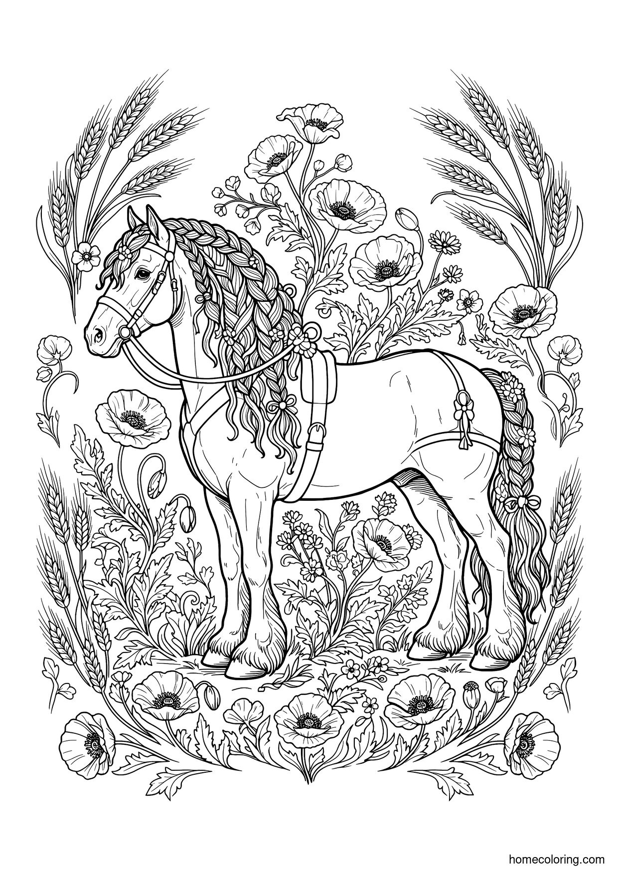 Coloring page: Stallion in a Floral Tapestry.