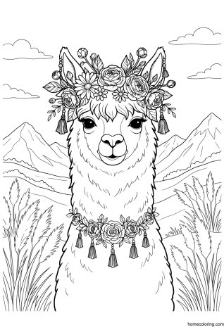 Coloring page: Alpaca with Flower Crown.