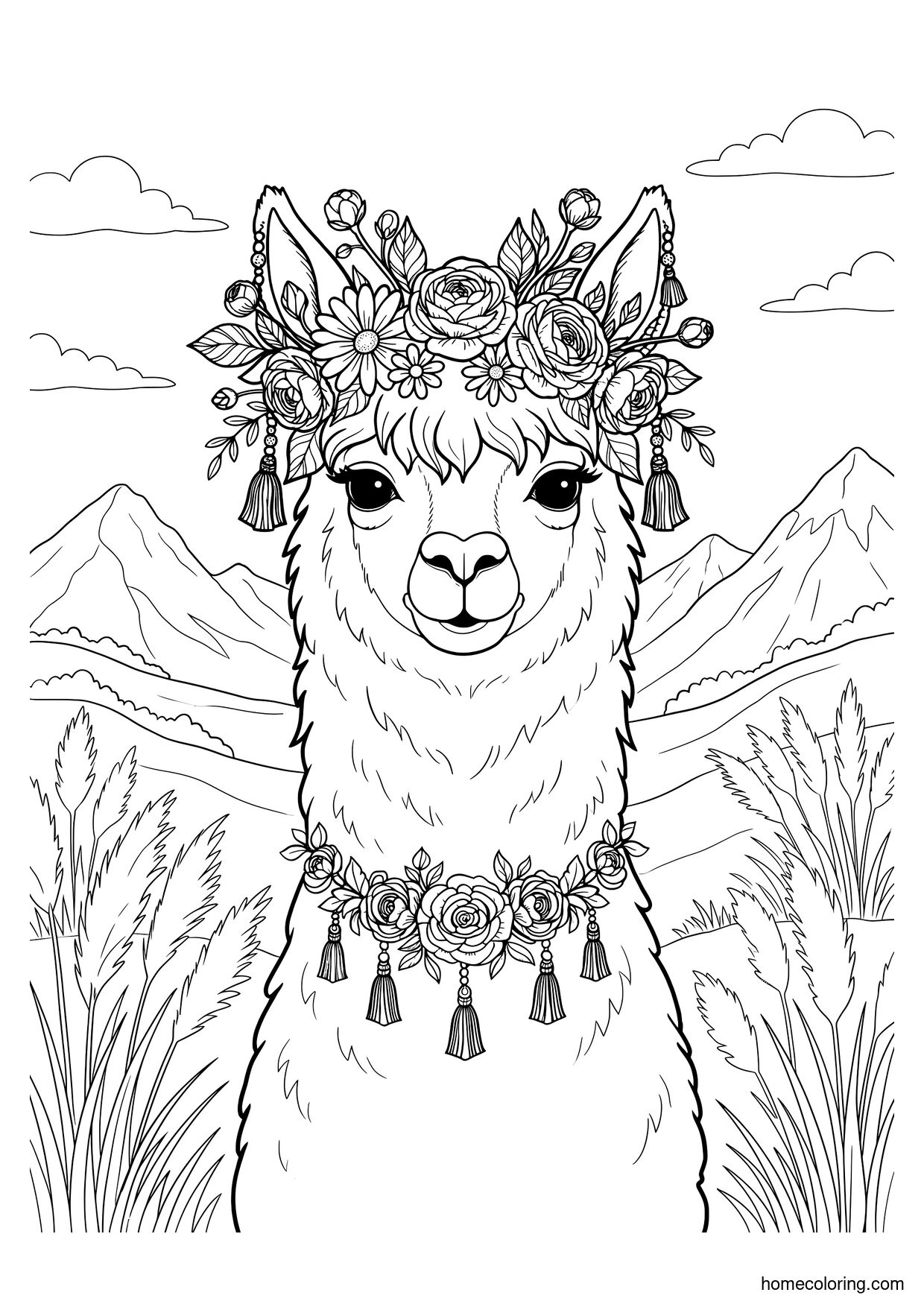 Coloring page: Alpaca with Flower Crown.