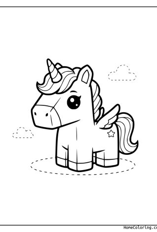 Coloring page: A blocky Roblox unicorn with a horn standing under a cloud.