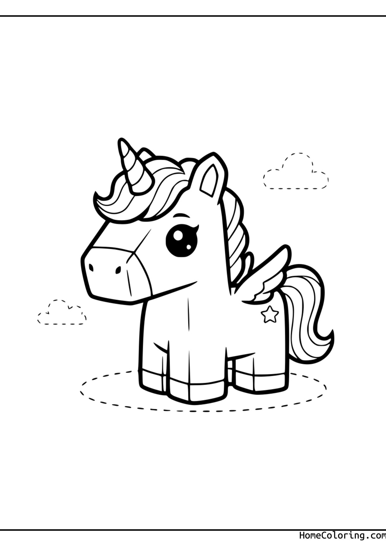 Coloring page: A blocky Roblox unicorn with a horn standing under a cloud.