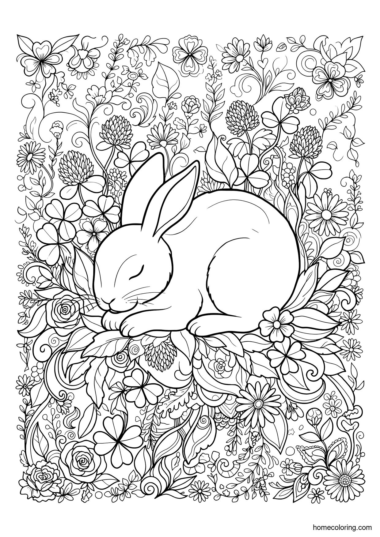 Coloring page: Sleeping Rabbit Zentangle.