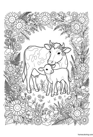 Coloring page: Cow and Calf in a Sunflower Wreath.