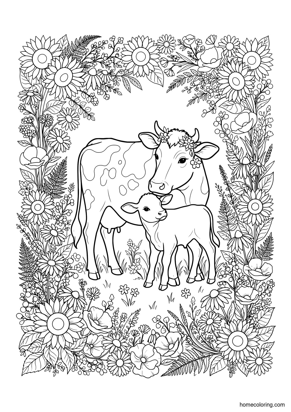 Coloring page: Cow and Calf in a Sunflower Wreath.