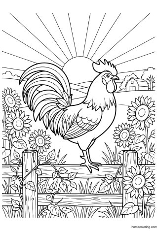 Coloring page: Rooster at Sunrise on a Fence.