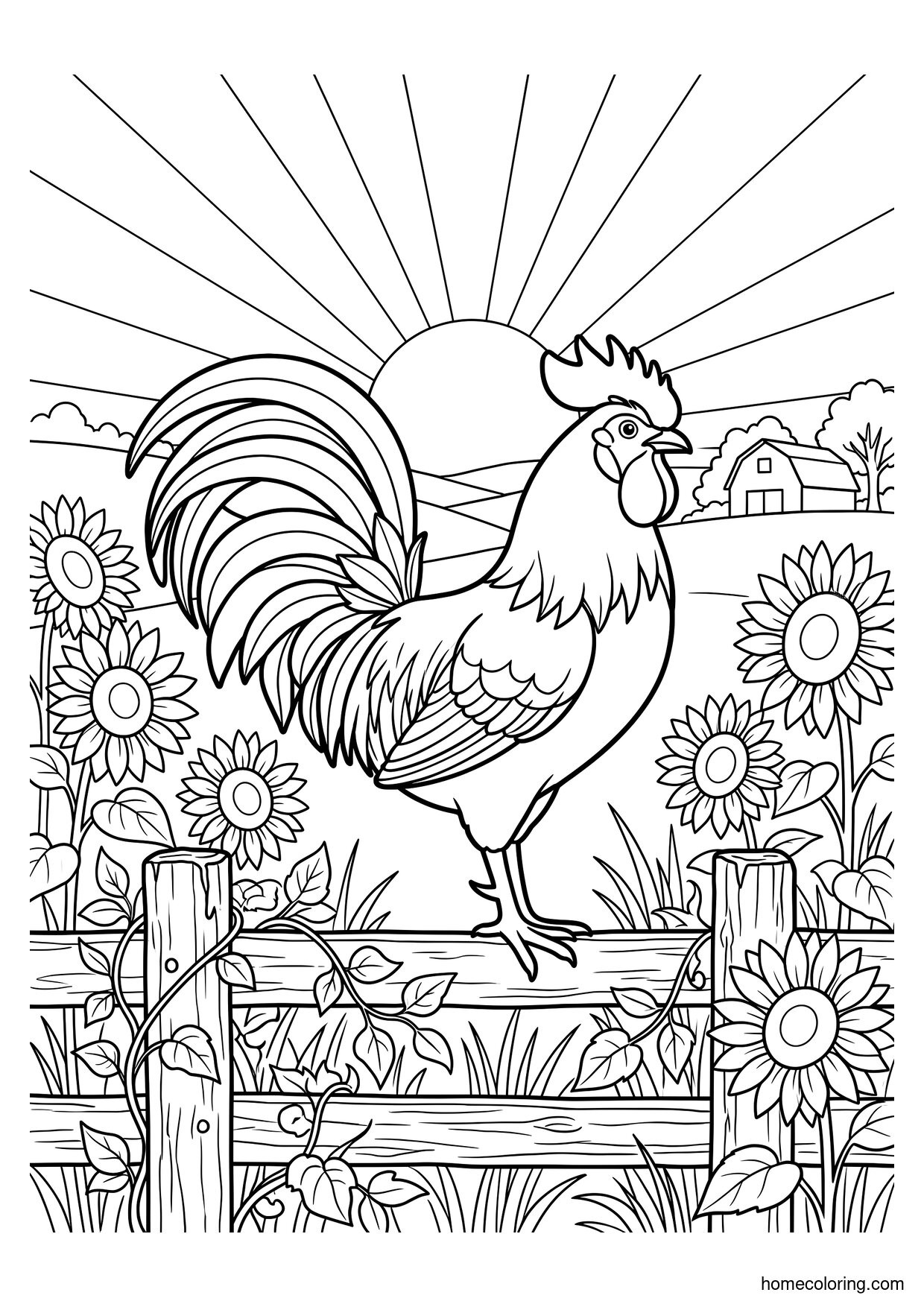 Coloring page: Rooster at Sunrise on a Fence.