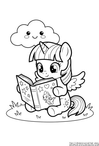 My Little Pony coloring page: a pony reading a book sitting on the grass under a smiling cloud.