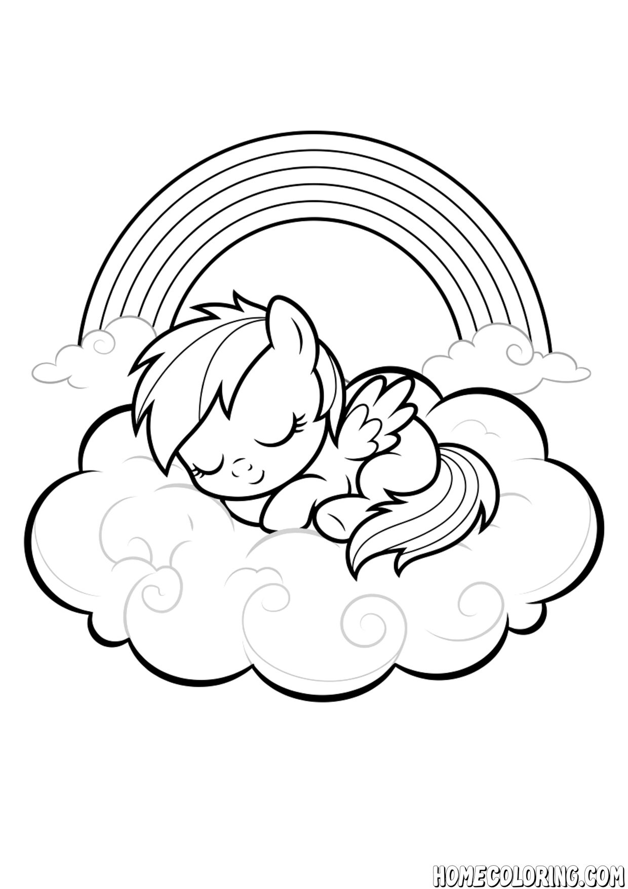 My Little Pony coloring page: a pegasus pony sleeping peacefully on a cloud under a rainbow.