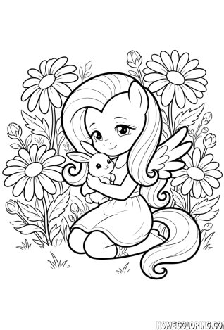 My Little Pony coloring page: a pony in a dress cradling a baby bunny among daisies.