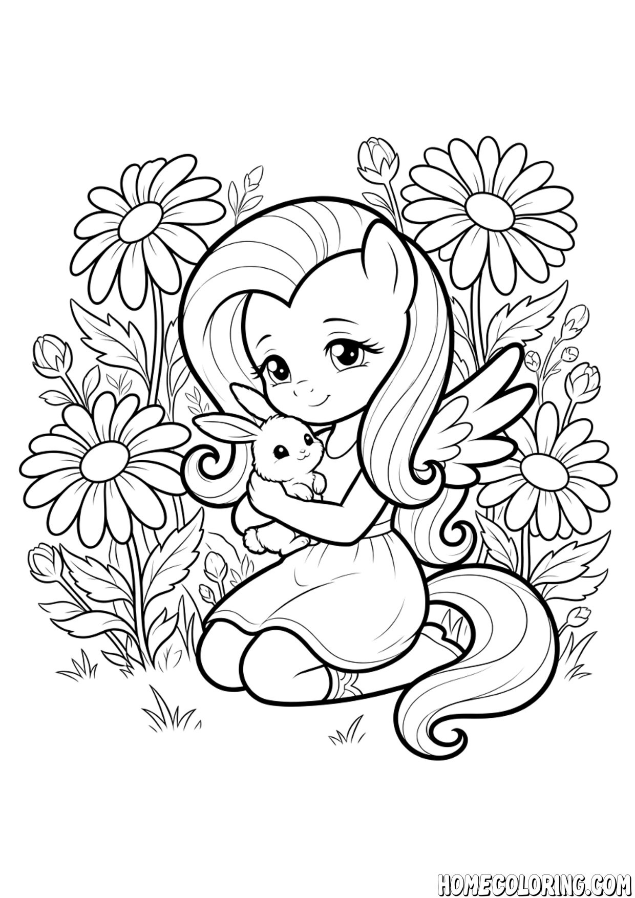 My Little Pony coloring page: a pony in a dress cradling a baby bunny among daisies.