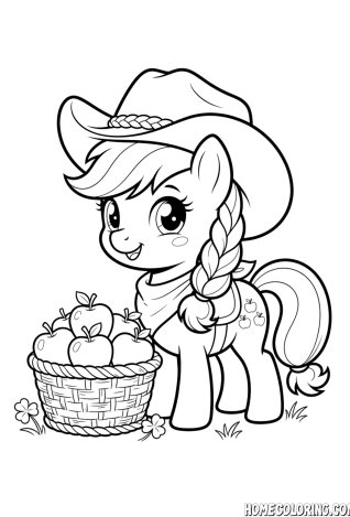 My Little Pony coloring page: a pony cowgirl holding a basket full of apples.