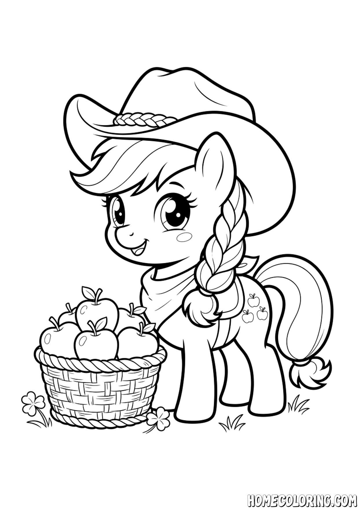 My Little Pony coloring page: a pony cowgirl holding a basket full of apples.
