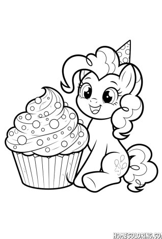 My Little Pony coloring page: a pony in a party hat sitting next to a giant cupcake.